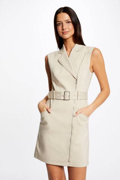 Robe portefeuille zippée ceinturée beige clair femme