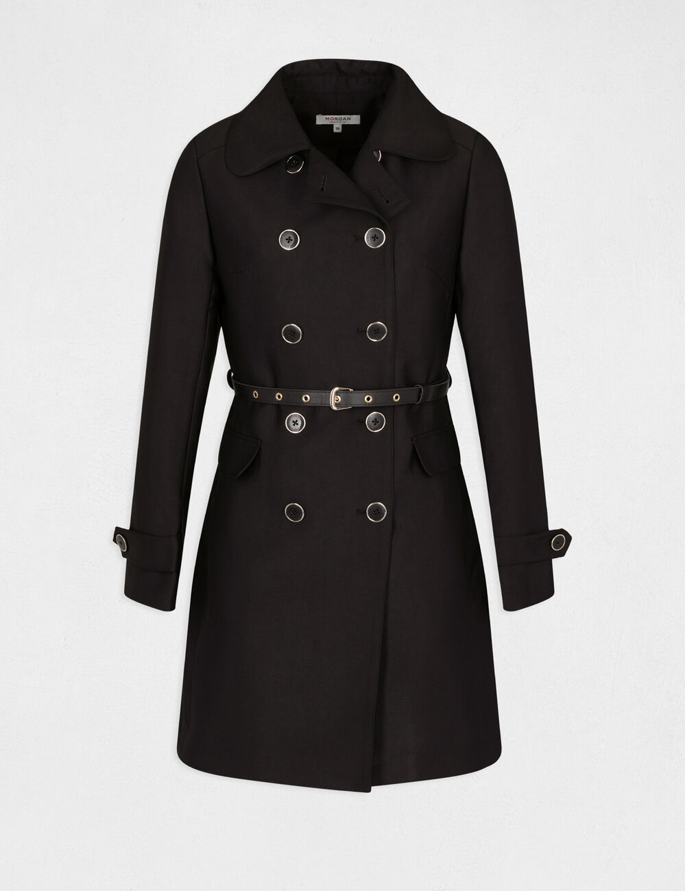 Trench droit boutonné et ceinturé noir femme