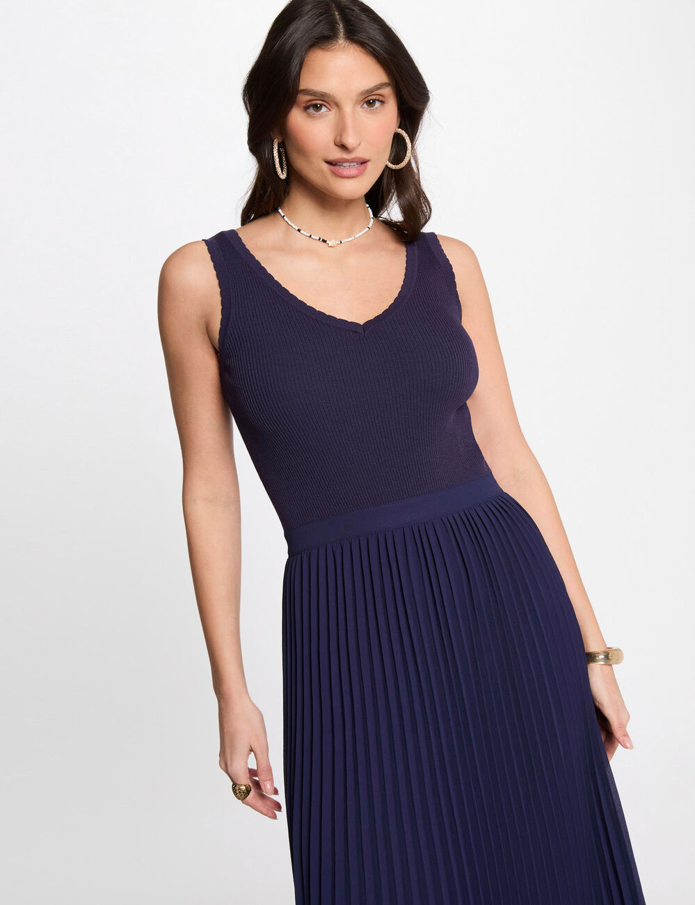Robe tricot longue cintr&eacute;e bleu marine femme