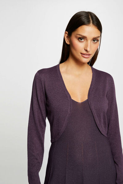 Gilet manches longues col ouvert prune femme