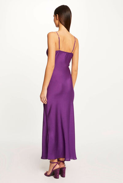 Robe longue droite avec dentelle violet femme