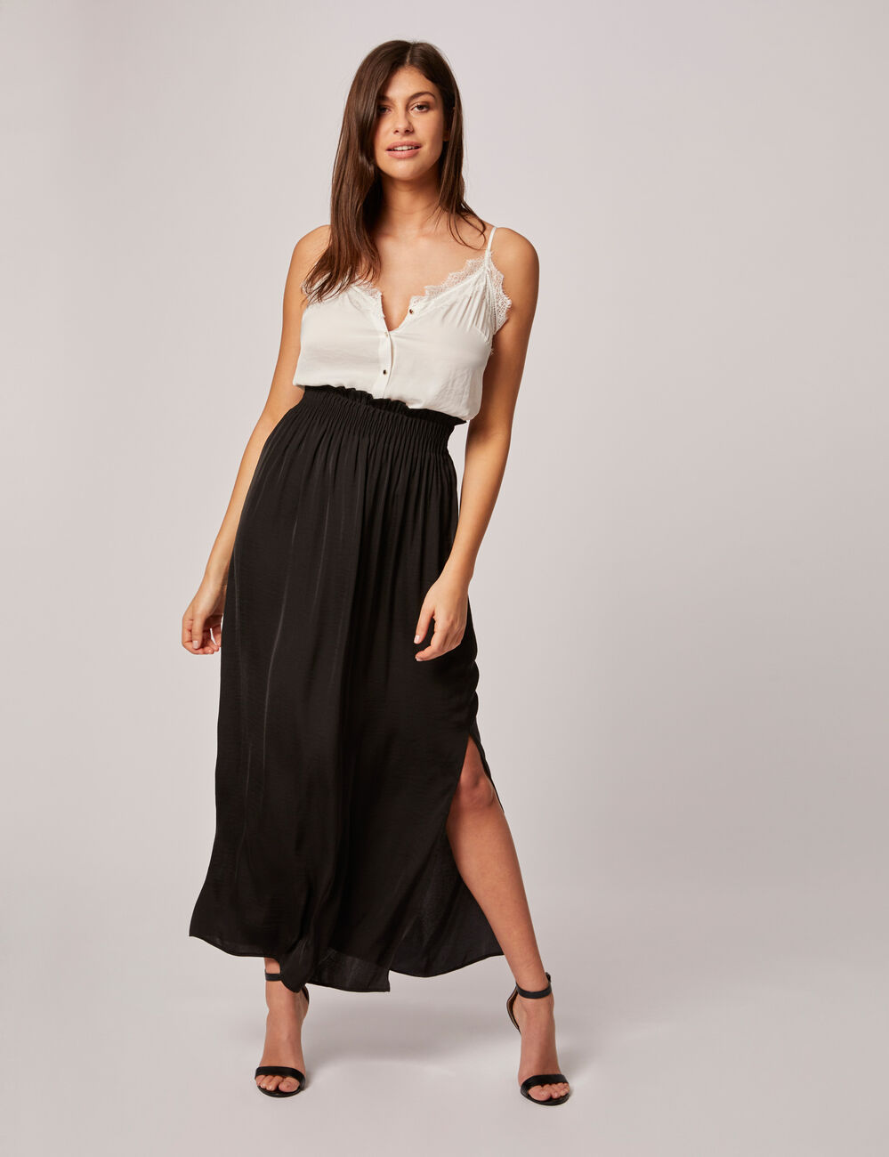 Jupe longue fluide taille &eacute;lastiqu&eacute;e noir femme