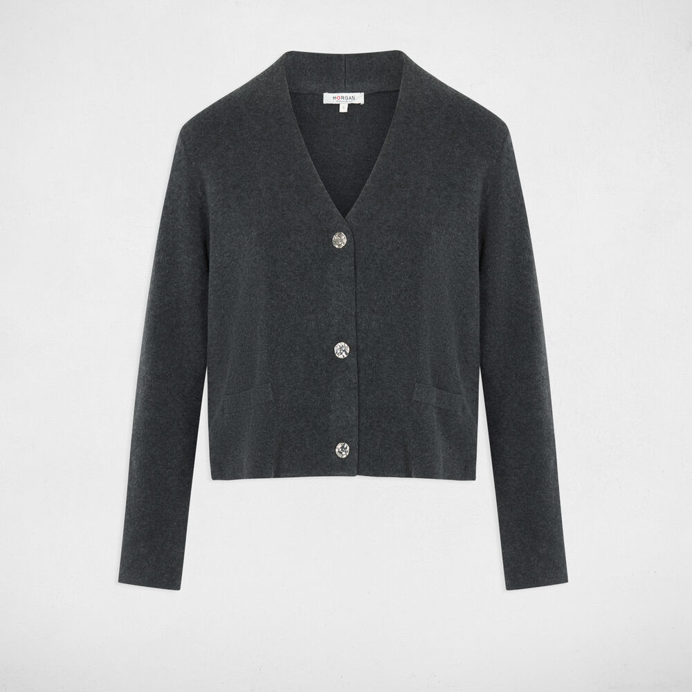 Gilet tricot col v gris fonc&eacute; femme