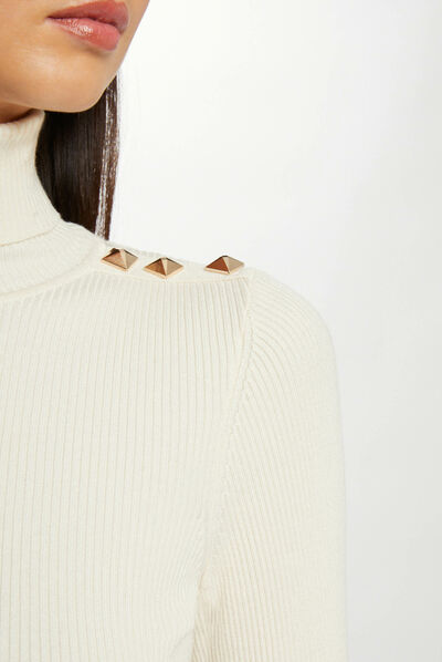 Pull manches longues col roulé ivoire femme