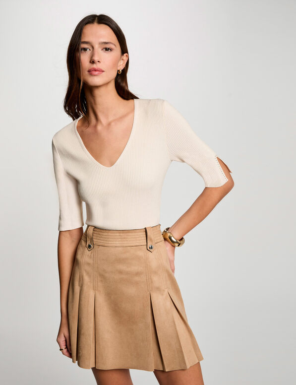 Pull col en V ivoire femme