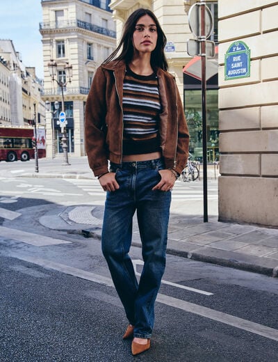 Jean droit taille haute denim stone femme