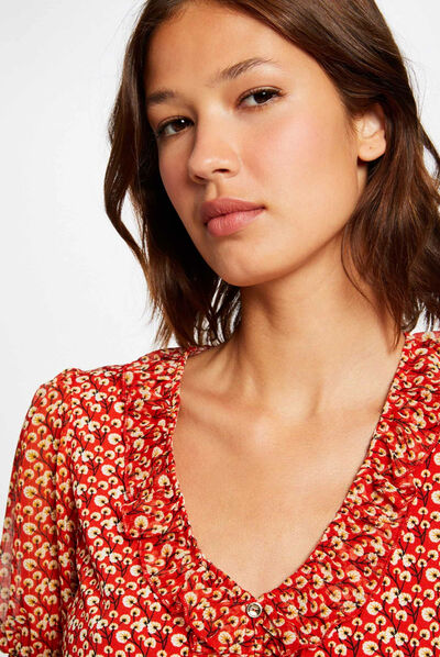 T-shirt manches courtes imprimé végétal rouge femme