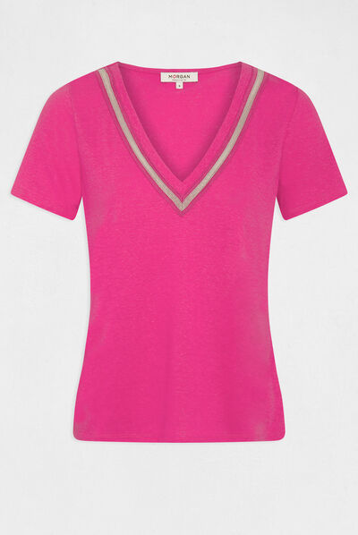 T-shirt manches courtes à détails bijoux rose fonce femme