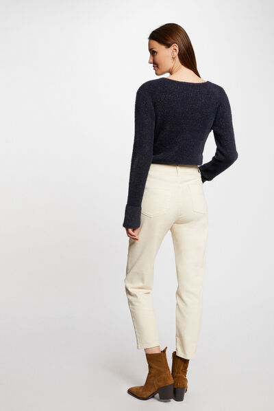 Pull manches longues avec col en V marine femme