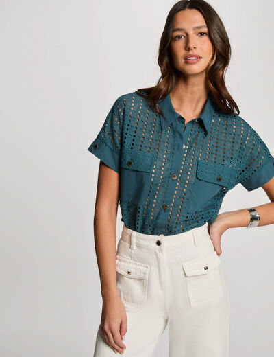 Chemise manches courtes bleu pétrole femme