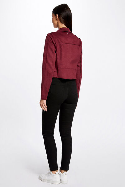 Blouson droit aspect suédine bordeaux femme