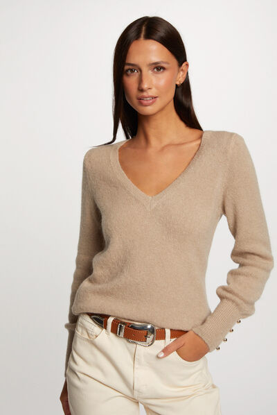 Pull manches longues col en V beige femme