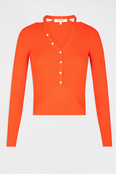 Pull manches longues avec boutons orange femme