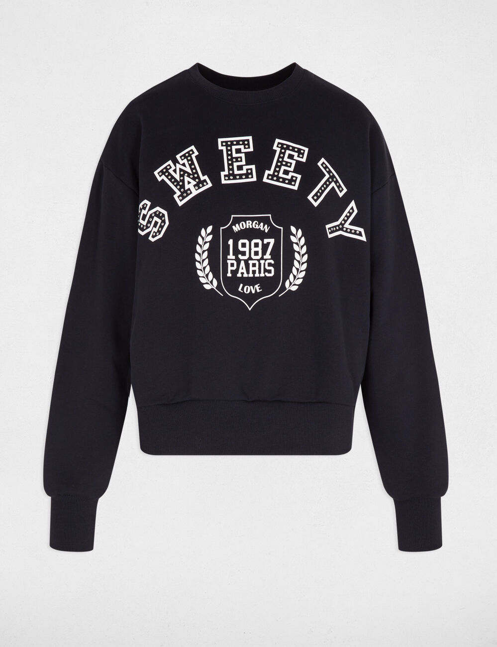 Sweat col rond imprim&eacute; bleu marine femme