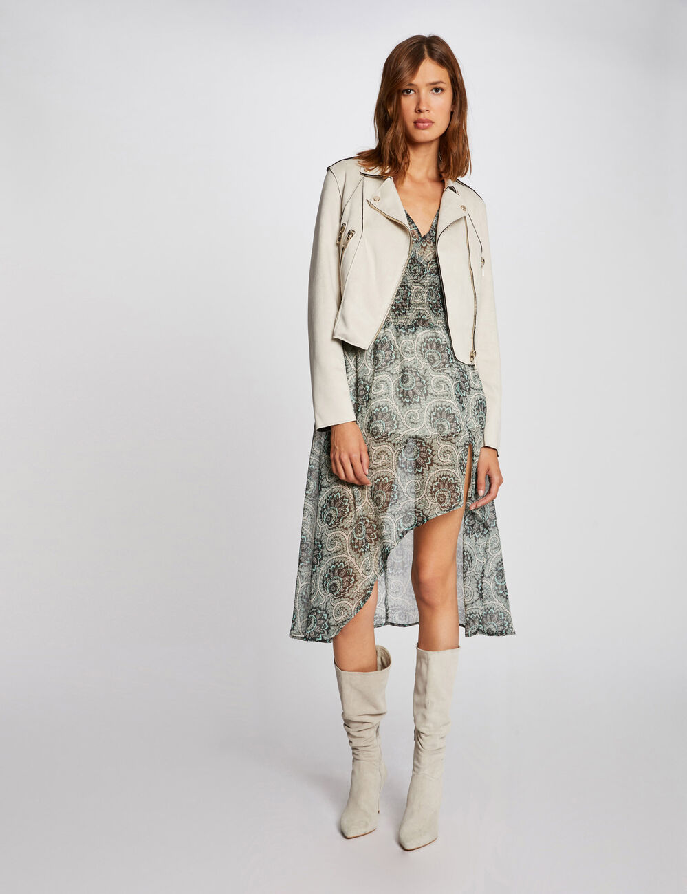 Blouson droit effet suédine ivoire femme