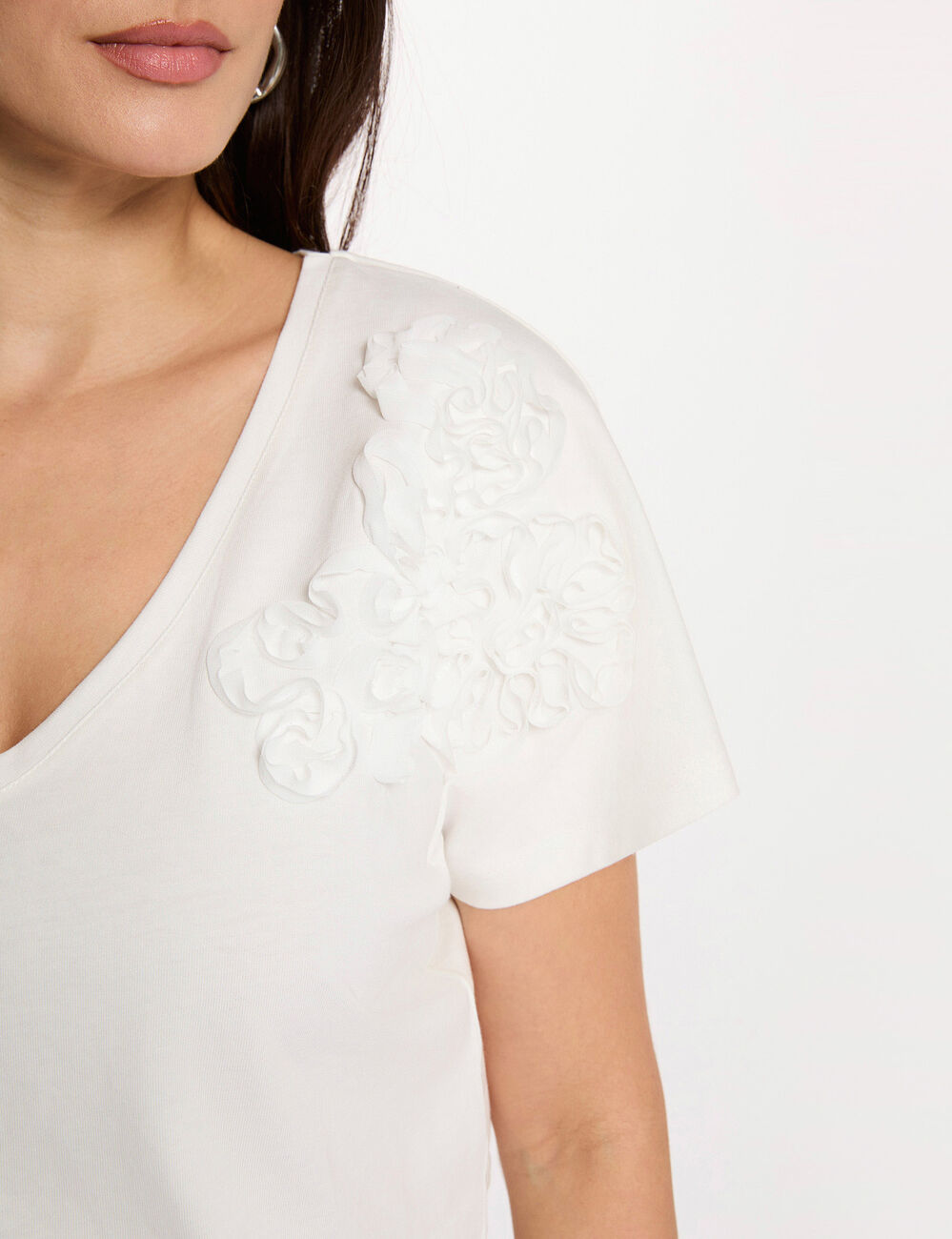 T-shirt col v manches courtes blanc femme