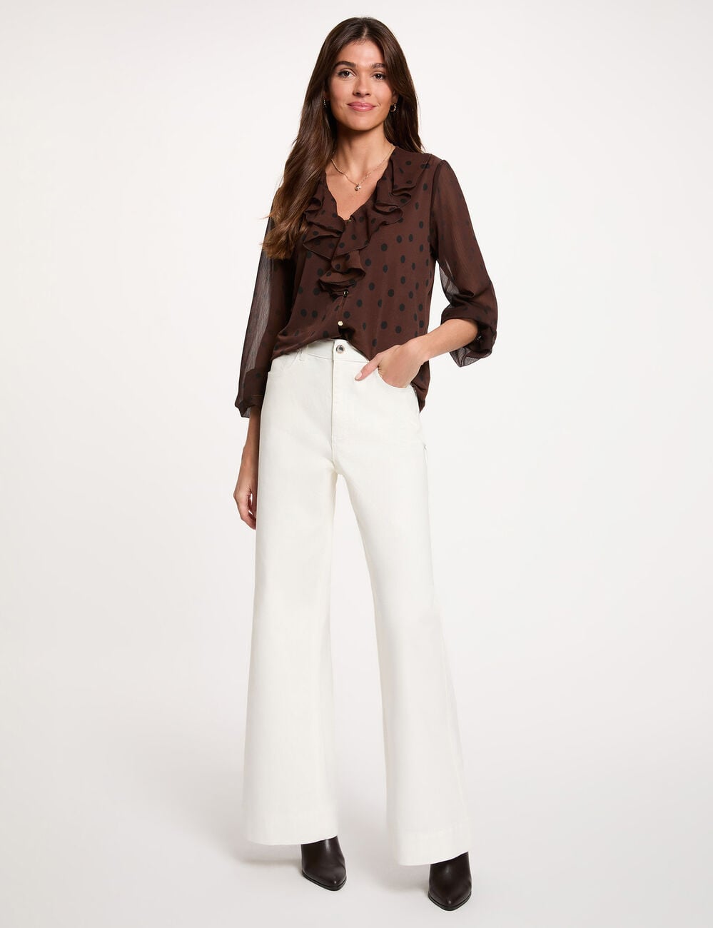 Chemise col v voile marron fonc&eacute; femme