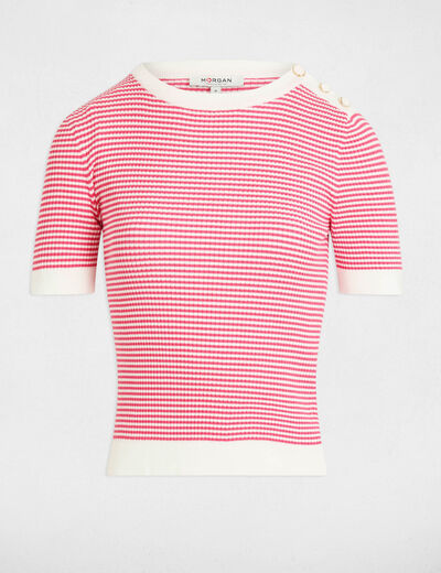 Pull col rond ray&eacute; rose fushia femme