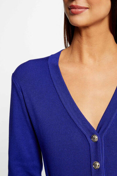 Gilet col en V manches longues bleu moyen femme