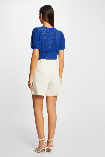 T-shirt manches courtes à broderie bleu electrique femme