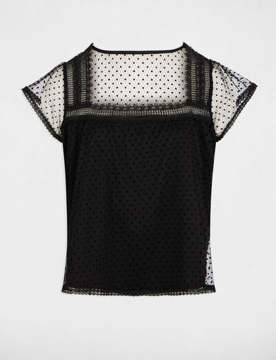 T-shirt dentelle encolure carr&eacute;e noir femme