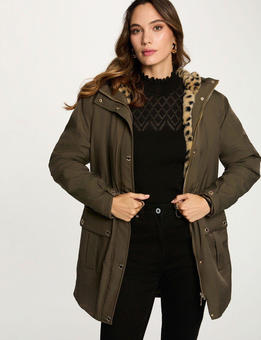 Parka longue fausse fourrure vert kaki femme