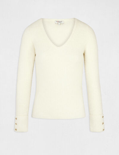 Pull manches longues maille duveteuse ivoire femme