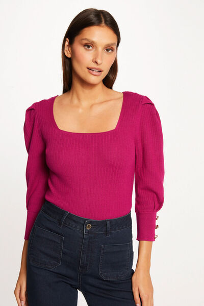 Pull manches 3/4 bouffantes framboise femme