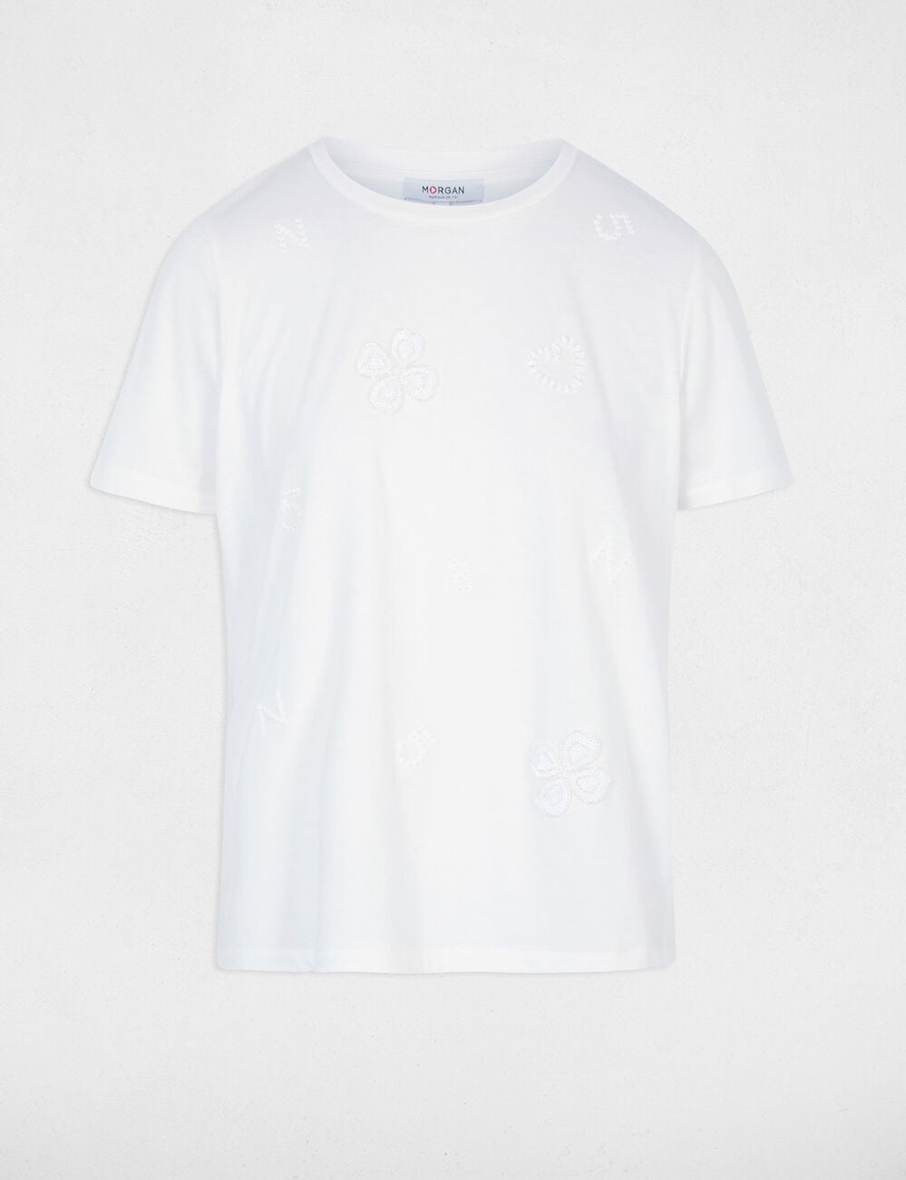 T-shirt brod&eacute; col rond blanc femme
