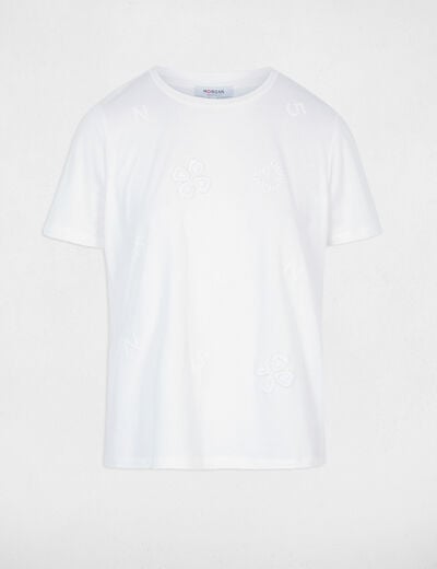 T-shirt brod&eacute; col rond blanc femme