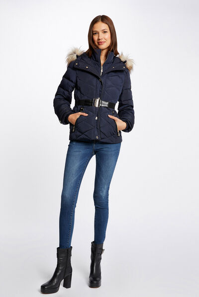 Doudoune droite ceinturée à capuche marine femme