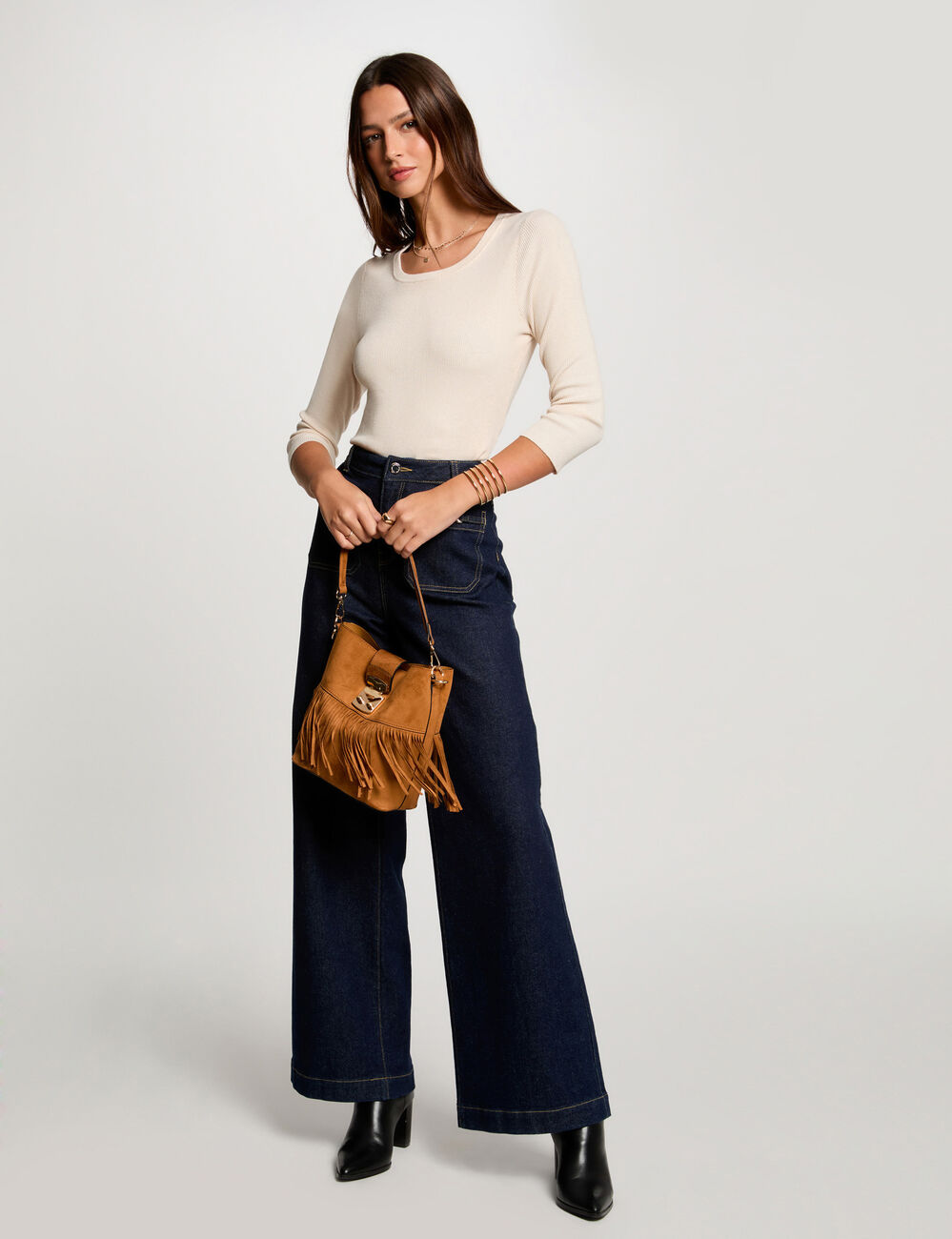 Pull col rond manches 3/4 ivoire femme