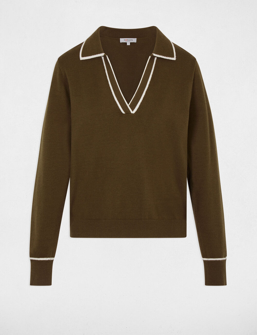 Pull col polo vert kaki femme