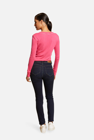 T-shirt manches longues avec col en V fuchsia femme