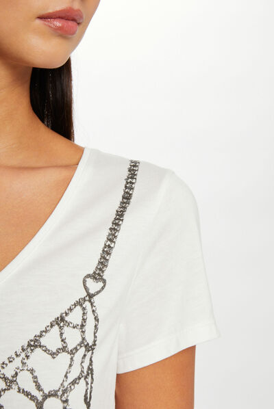 T-shirt manches courtes à paillettes ecru femme