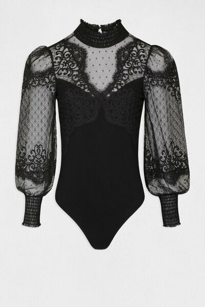Body manches longues à dentelle noir femme