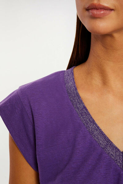 T-shirt manches courtes à col en V violet fonce femme
