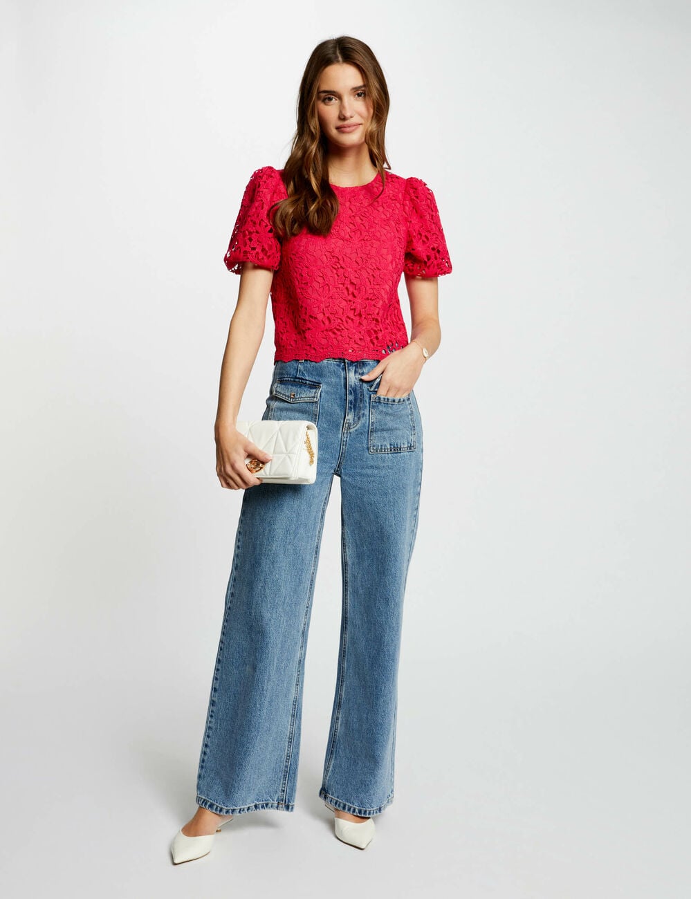 Top dentelle boutonn&eacute; framboise femme