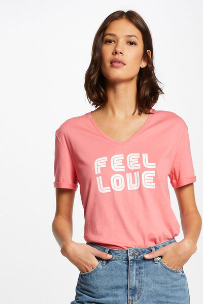T-shirt manches courtes à inscription rose femme