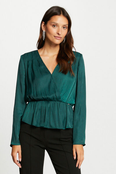 Blouse manches longues satin vert fonce femme