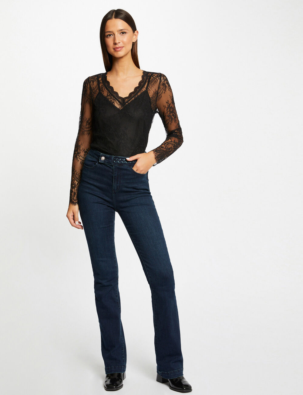 T-shirt manches longues à dentelle noir femme
