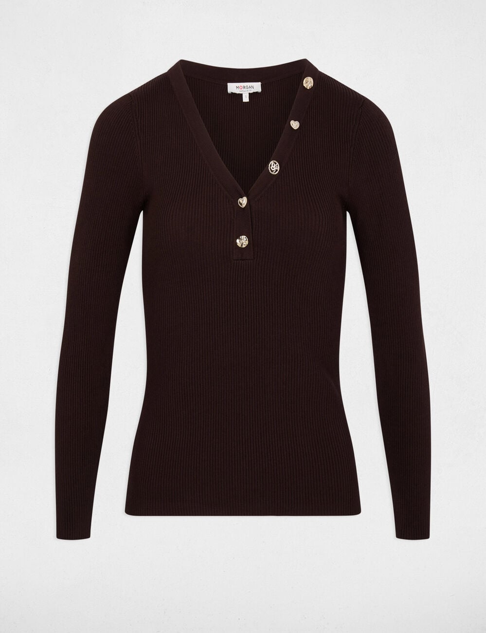 Pull col v fantaisie marron fonc&eacute; femme