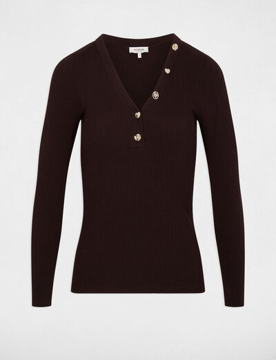 Pull col v fantaisie marron fonc&eacute; femme