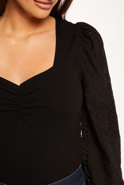 Pull manches longues bouffantes brodées noir femme