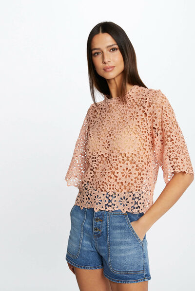 Blouse manches courtes en dentelle rose moyen femme