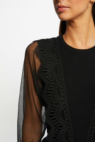 Pull manches longues en plumetis noir femme