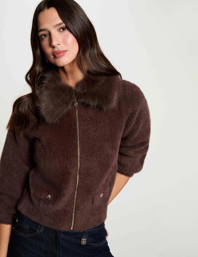 Veste avec col en fourrure marron fonc&eacute; femme
