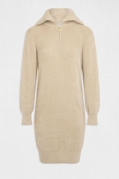 Robe pull droite avec col camionneur beige femme