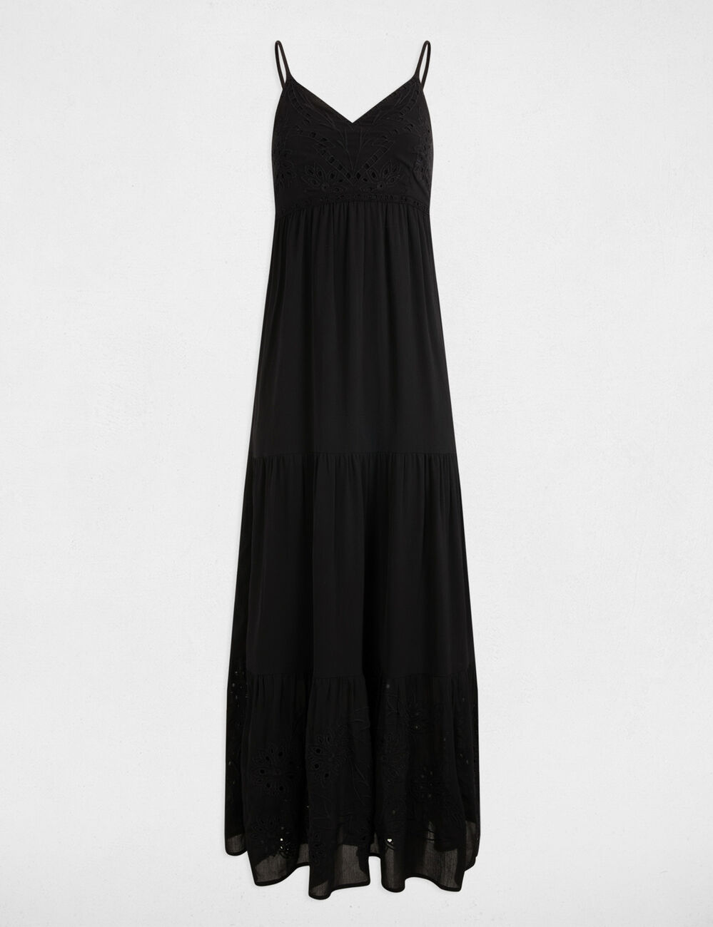 Robe longue fluide broderie noir femme