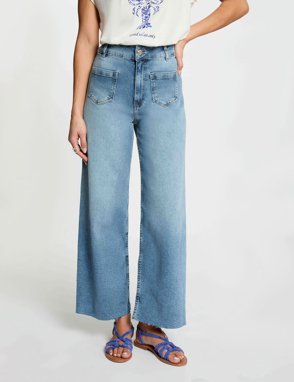 Jean large taille haute denim double stone femme